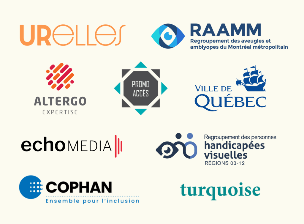 Logos de URelles, du RAAMM, d'AlterGo Expertise, de Promo-Accès, de la Ville de Québec, d'Écho média, du RPHV-03-12, de la COPHAN et de Turquoise.
