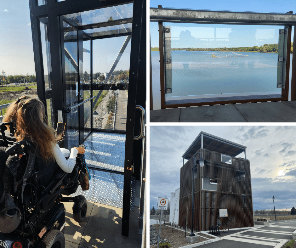 Montage de 3 photos. À droite, en haut : vue du belvédère sur le point d'eau à travers une baie vitrée. À droite, en bas : l'ensemble de la structure de 3 étages faite de poutres de bois verticales. À gauche, à la verticale : une personne en fauteuil roulant motorisé dans l'embrasure de la porte du monte-personne vitré.