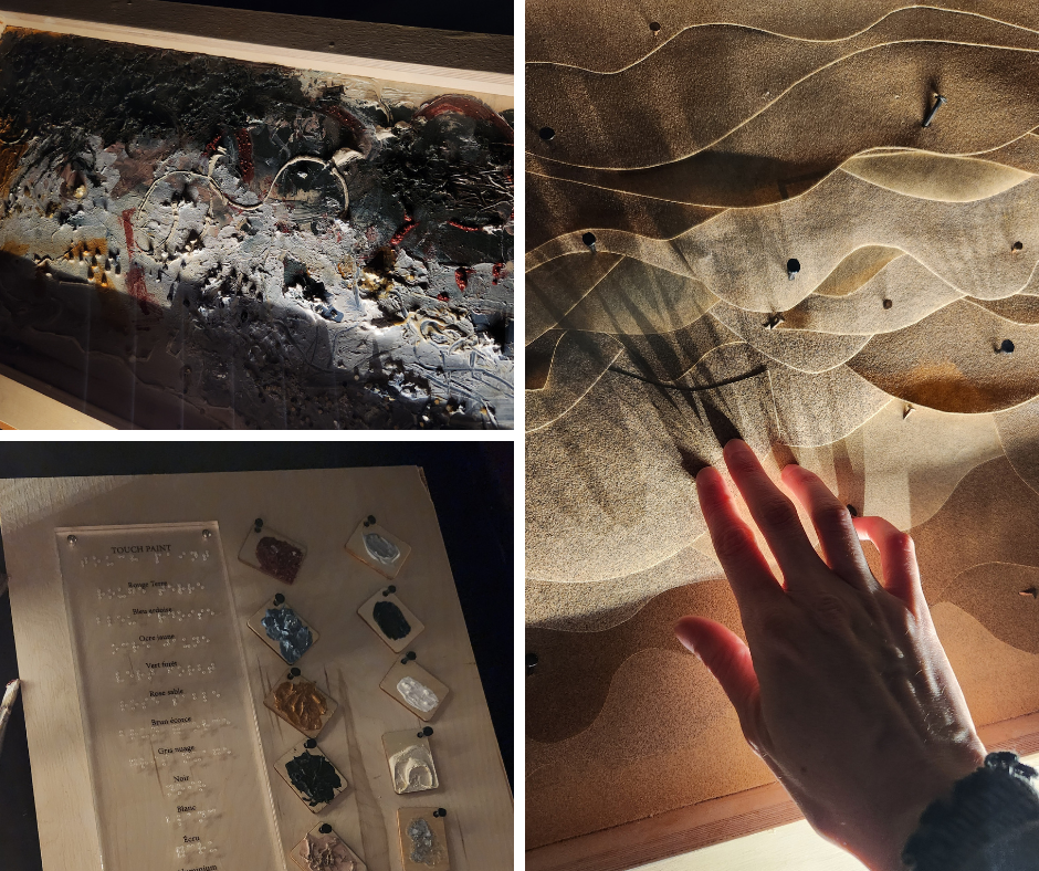 2 oeuvres tactiles : une peinture texturée avec sa légende de codes de peinture et une oeuvre en papier sablé.